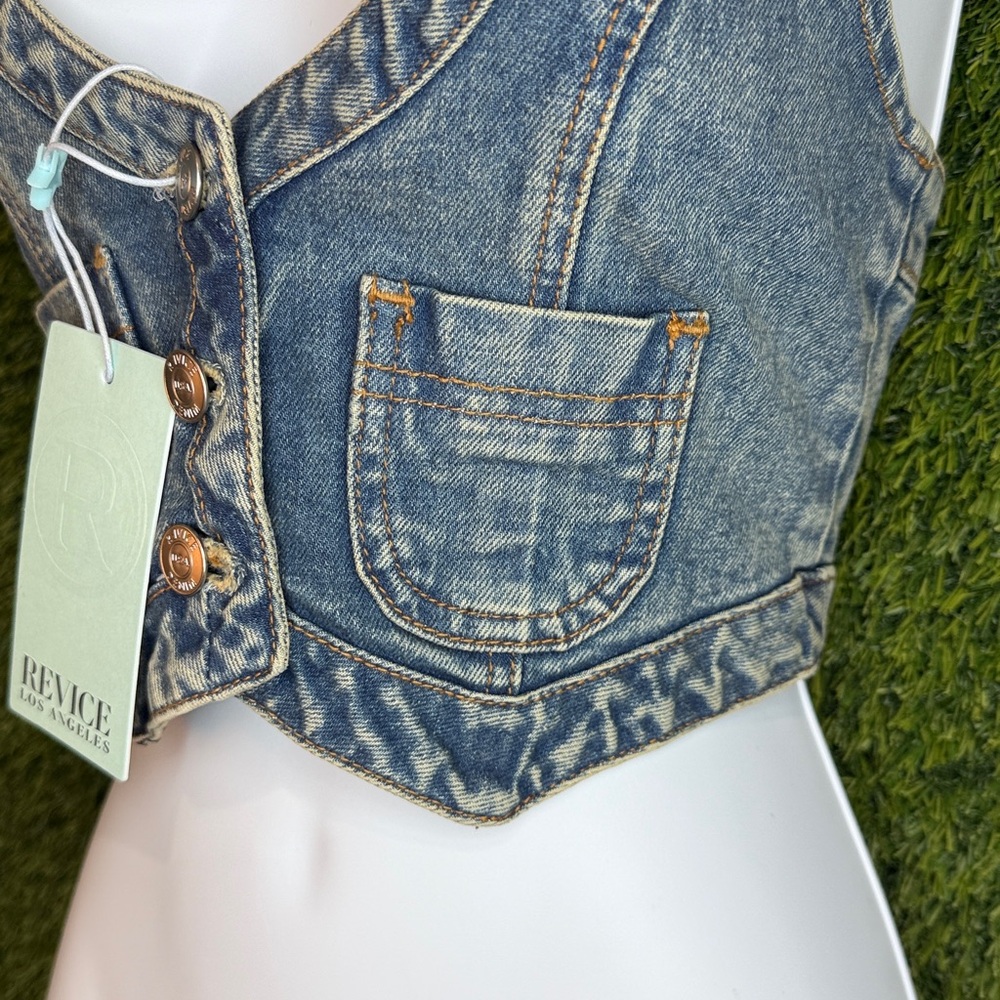 SOLD OUT! REVICE Upper East Side Denim Blue Carrie Vest Halter Crop Top Large - Picture 2 of 9